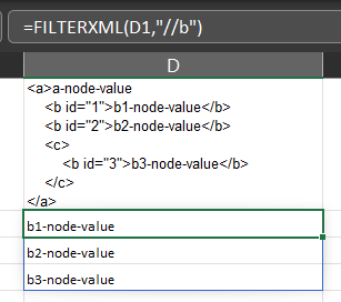 The formula in D2 extracts 3 values from an XML document and spills the 2nd & 3rd into D3 and D4 respectively.