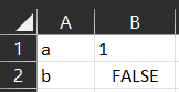 The output of the formula: =TEXTSPLIT("a=1?b","=","?",,,FALSE). 4 cells are populated across 2 rows, one is padded with the value “FALSE”.