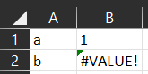 The output of the formula: =TEXTSPLIT("a=1?b","=","?",,,#VALUE!). 4 cells are populated across 2 rows, one is padded with the value “#VALUE!”.