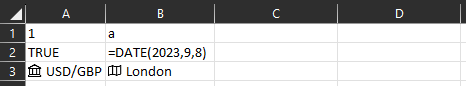 The dateset contains the following:
Cell A1: 1 (number)
Cell B2: a (text)
Cell C1: blank
Cell D1: blank
Cell A2: TRUE (boolean)
Cell B2: 8 September 2023 (date)
Cell C2: blank
Cell D2: blank
Cell A3: USD/GBP (currency)
Cell B3: London (Geography)
Cell C3: blank
Cell D3: blank