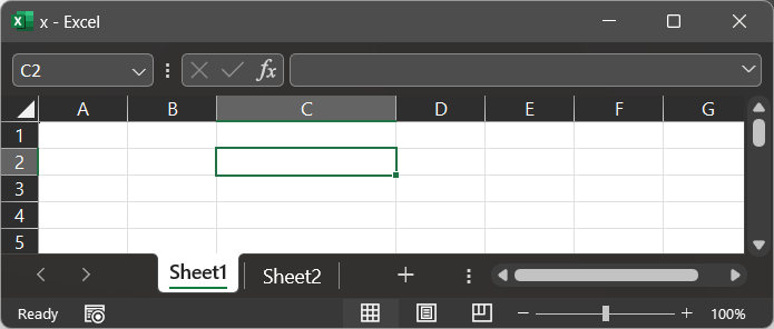 This image shows an excel workbook called x.xlsx, which contains two worksheets: Sheet1 and Sheet2. The active worksheet is Sheet1 and the active cell is at the intersection of its second row and third column. Because the default method of forming cell coordinates is in effect, the active cell's coordinate is C2.   