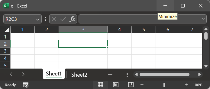 This image shows an excel workbook called x.xlsx, which contains two worksheets: Sheet1 and Sheet2. The active worksheet is Sheet1 and the active cell is at the intersection of its second row and third column. Because the R1C1 reference sty;e is in effect, the active cell's coordinate is R2C3.   